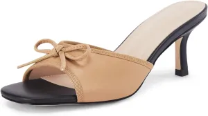 Coutgo Womens Square Open Toe Heels Mules Bow Stiletto Heel Backless Slip On Slide Sandals