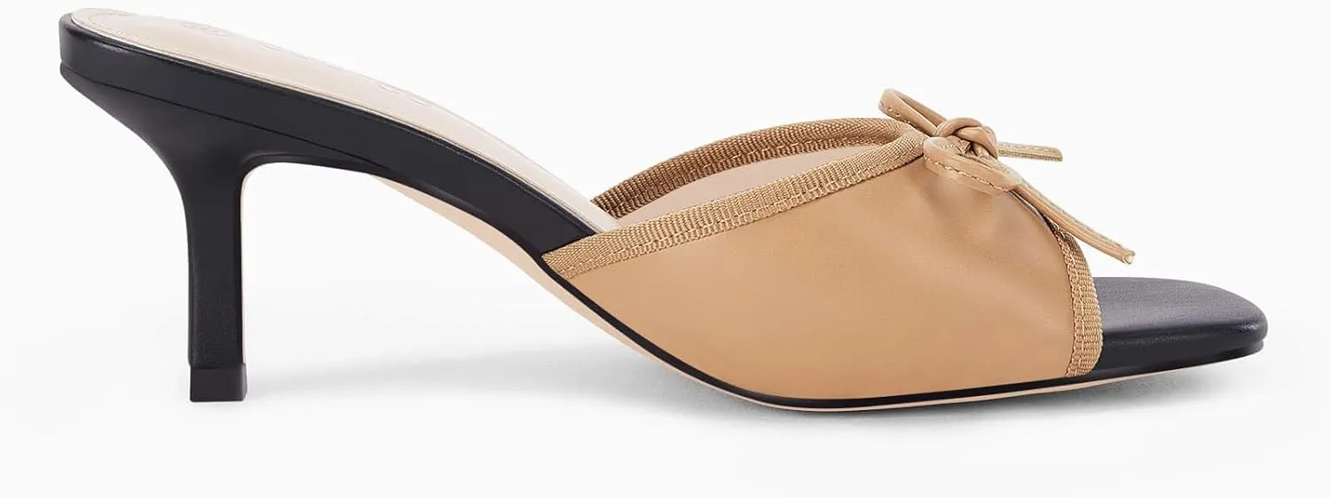 Coutgo Womens Square Open Toe Heels Mules Bow Stiletto Heel Backless Slip On Slide Sandals