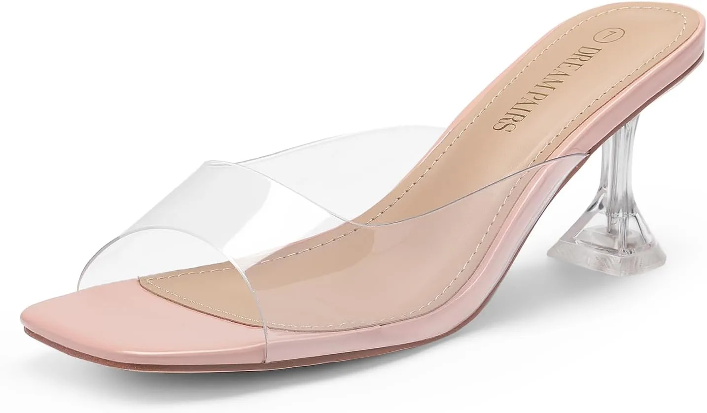 DREAM PAIRS Womens Clear Heels Square Toe High Stiletto Mules Slip on Wedding Dress Heel Sandals