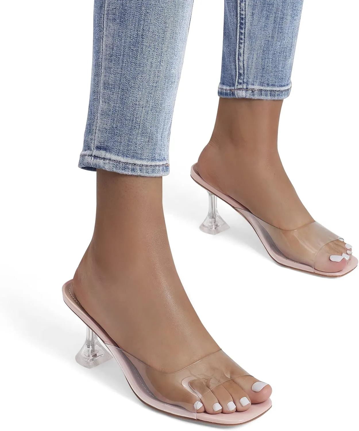 DREAM PAIRS Womens Clear Heels Square Toe High Stiletto Mules Slip on Wedding Dress Heel Sandals