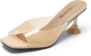 DREAM PAIRS Womens Clear Heels Square Toe High Stiletto Mules Slip on Wedding Dress Heel Sandals