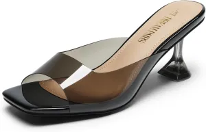 DREAM PAIRS Womens Clear Heels Square Toe High Stiletto Mules Slip on Wedding Dress Heel Sandals