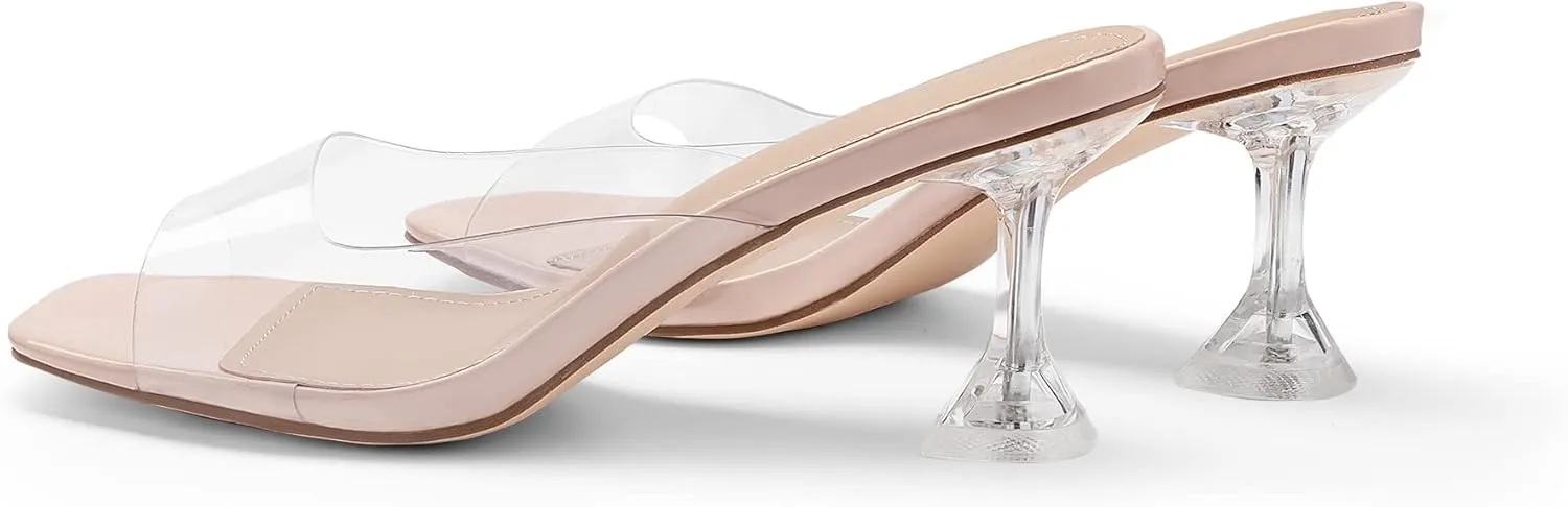 DREAM PAIRS Womens Clear Heels Square Toe High Stiletto Mules Slip on Wedding Dress Heel Sandals