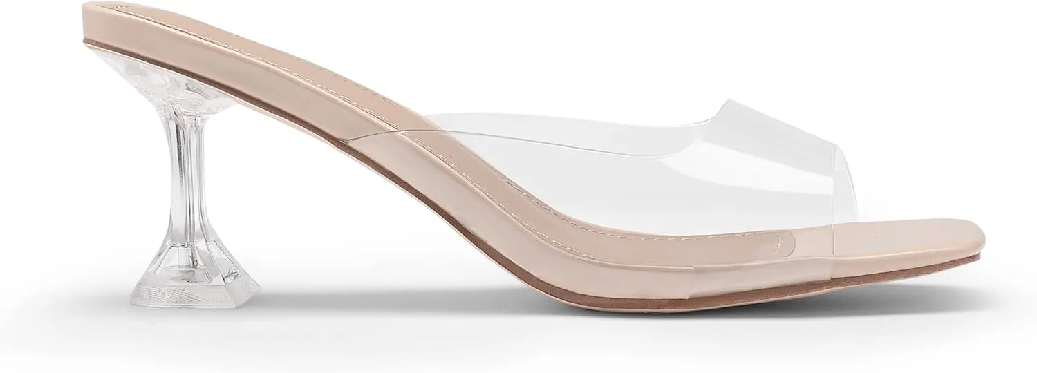 DREAM PAIRS Womens Clear Heels Square Toe High Stiletto Mules Slip on Wedding Dress Heel Sandals