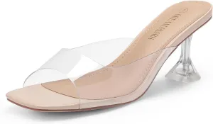 DREAM PAIRS Womens Clear Heels Square Toe High Stiletto Mules Slip on Wedding Dress Heel Sandals