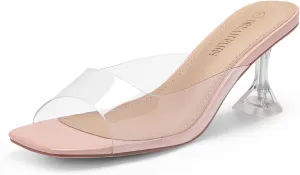 DREAM PAIRS Womens Clear Heels Square Toe High Stiletto Mules Slip on Wedding Dress Heel Sandals