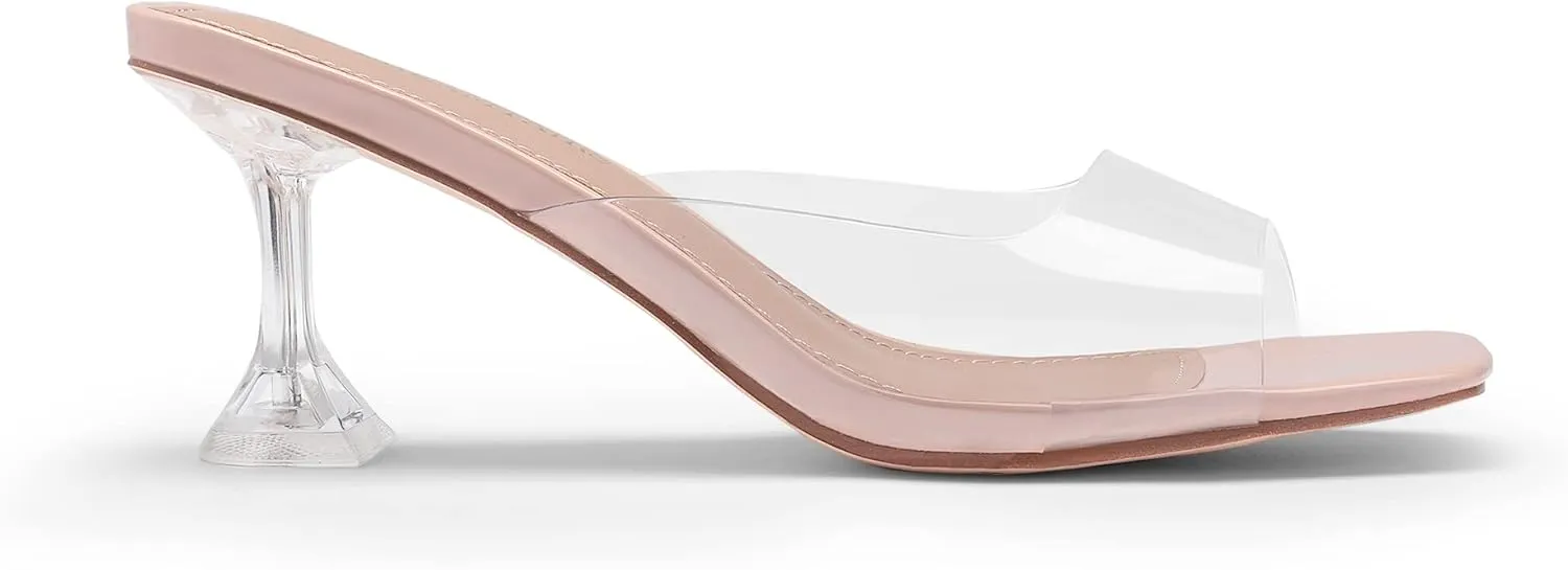 DREAM PAIRS Womens Clear Heels Square Toe High Stiletto Mules Slip on Wedding Dress Heel Sandals