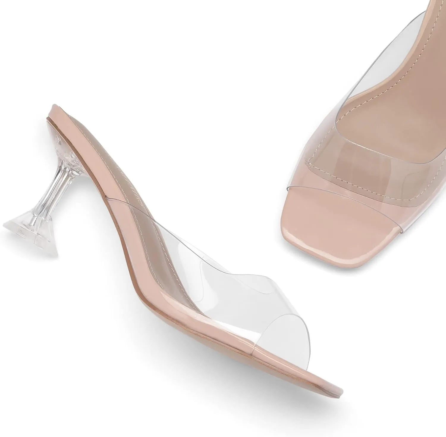 DREAM PAIRS Womens Clear Heels Square Toe High Stiletto Mules Slip on Wedding Dress Heel Sandals