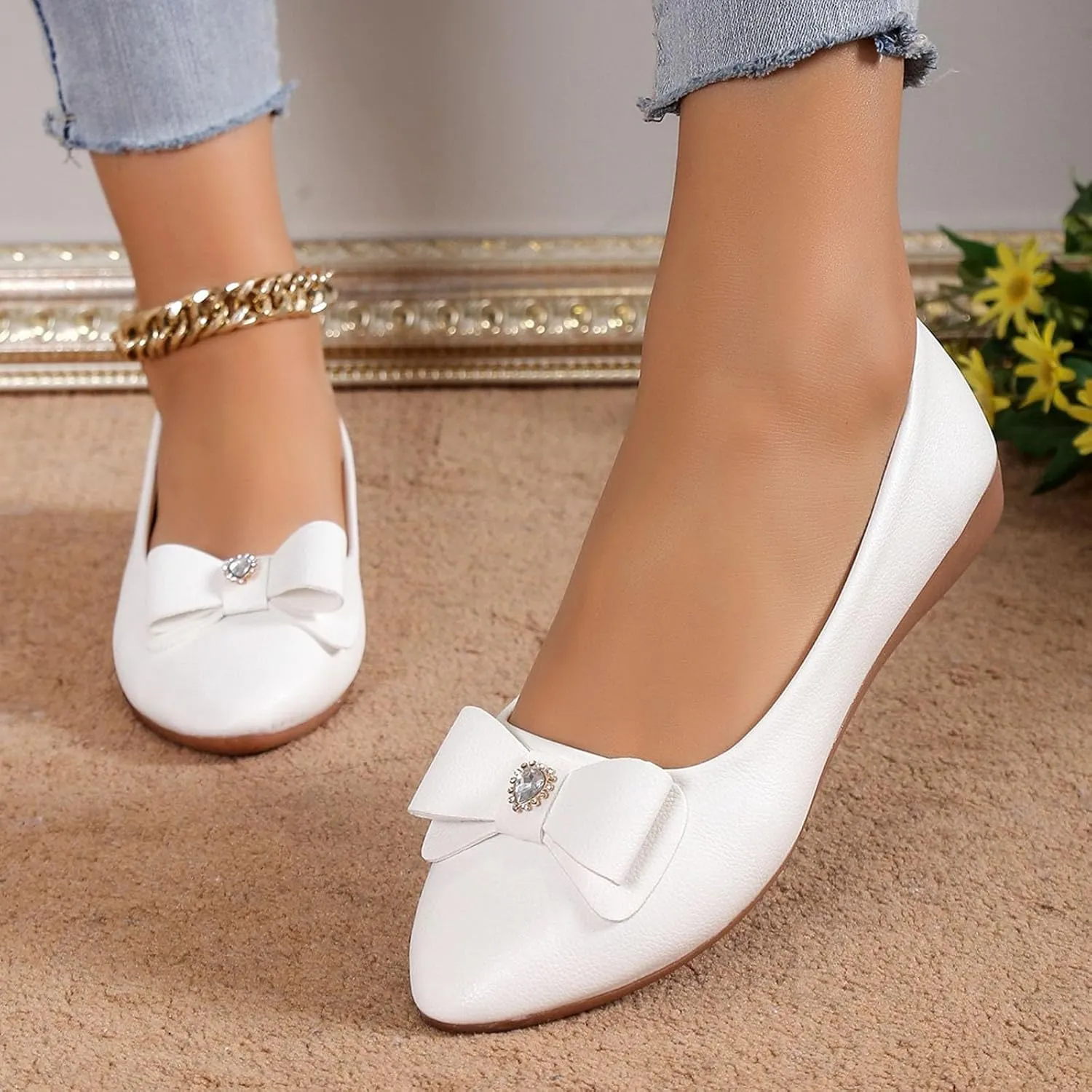 Dress Shoes for Women Bowknot Flats Pointed Toe Loafers Comfort Slip On Shoes Bowknot Business Shoes Casual Loafers