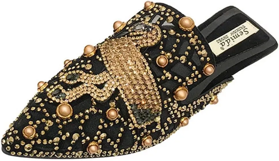Flat Mules for Women Pointed-Toe Mules Slides Bohemian Rivet Beads Slip-on Loafers Slippers Lady Dress Sandals