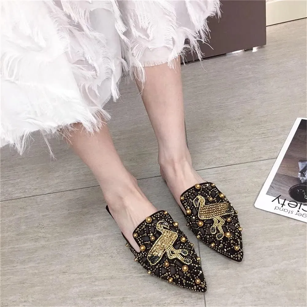 Flat Mules for Women Pointed-Toe Mules Slides Bohemian Rivet Beads Slip-on Loafers Slippers Lady Dress Sandals