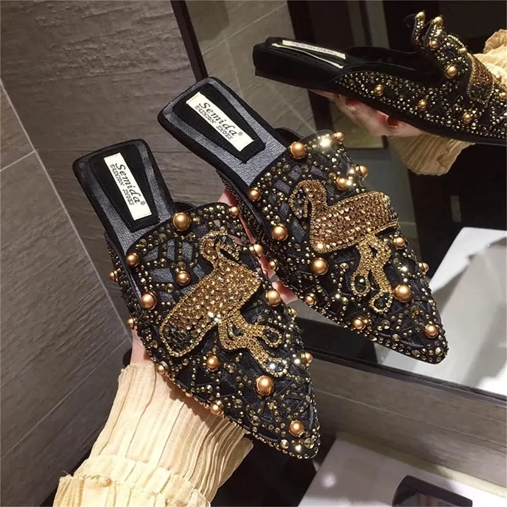 Flat Mules for Women Pointed-Toe Mules Slides Bohemian Rivet Beads Slip-on Loafers Slippers Lady Dress Sandals