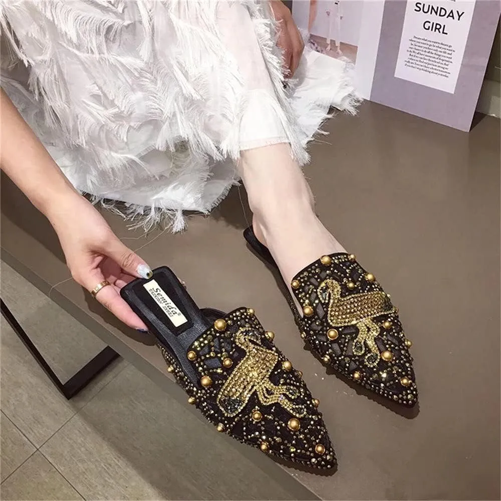 Flat Mules for Women Pointed-Toe Mules Slides Bohemian Rivet Beads Slip-on Loafers Slippers Lady Dress Sandals