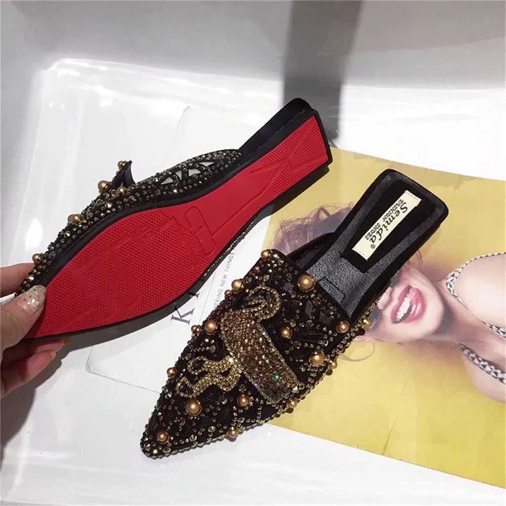 Flat Mules for Women Pointed-Toe Mules Slides Bohemian Rivet Beads Slip-on Loafers Slippers Lady Dress Sandals