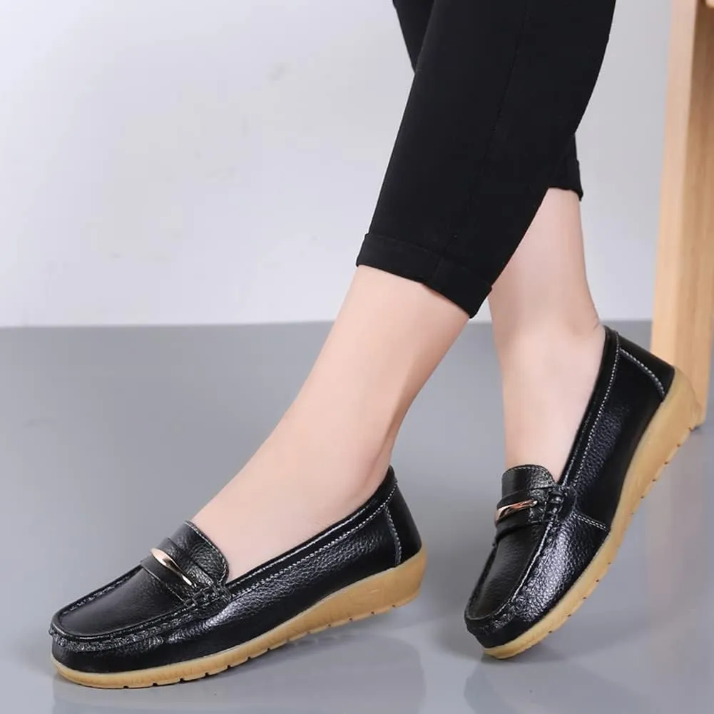 FolHaoth Loafers for Womens Comfortable Slip On Moccasins Dress Shoes Casual Leather Walking Womens Flats Loafers Fashion Boat Shoes Classic Ennis Work Nurse Flat Shoes