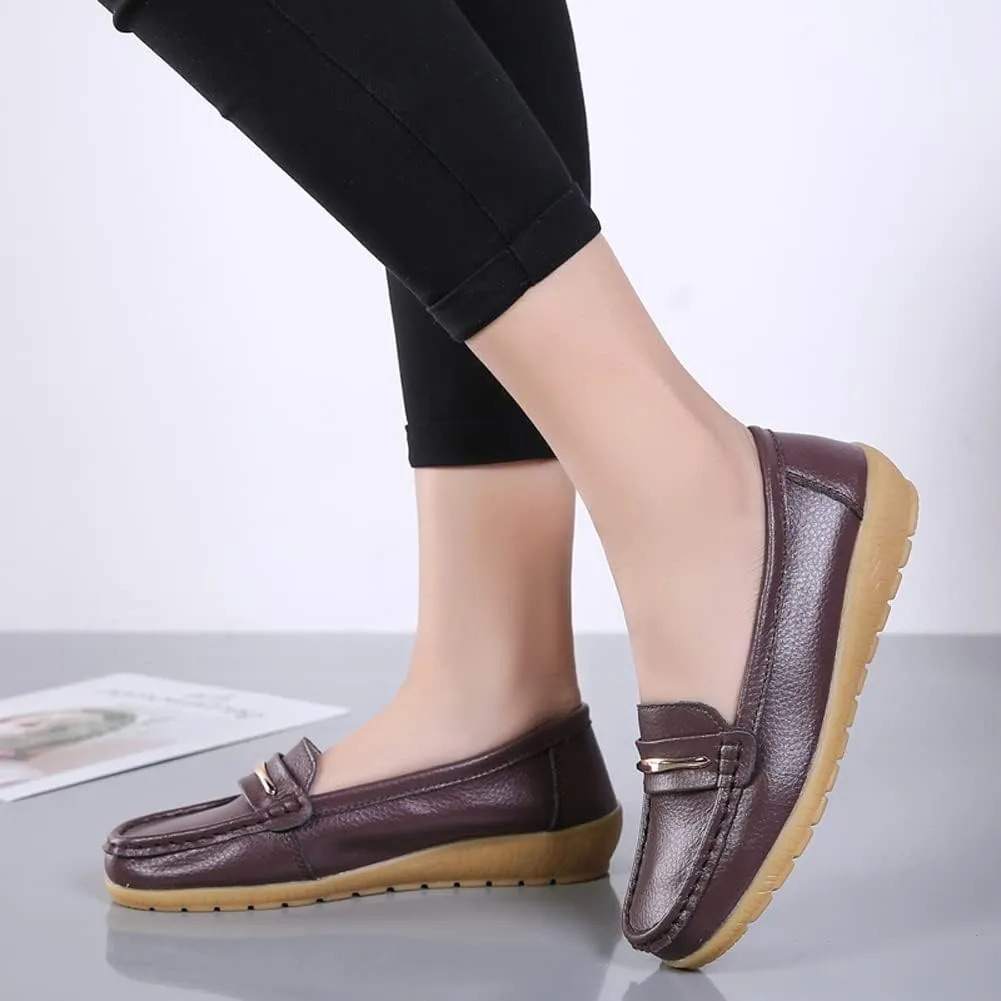 FolHaoth Loafers for Womens Comfortable Slip On Moccasins Dress Shoes Casual Leather Walking Womens Flats Loafers Fashion Boat Shoes Classic Ennis Work Nurse Flat Shoes