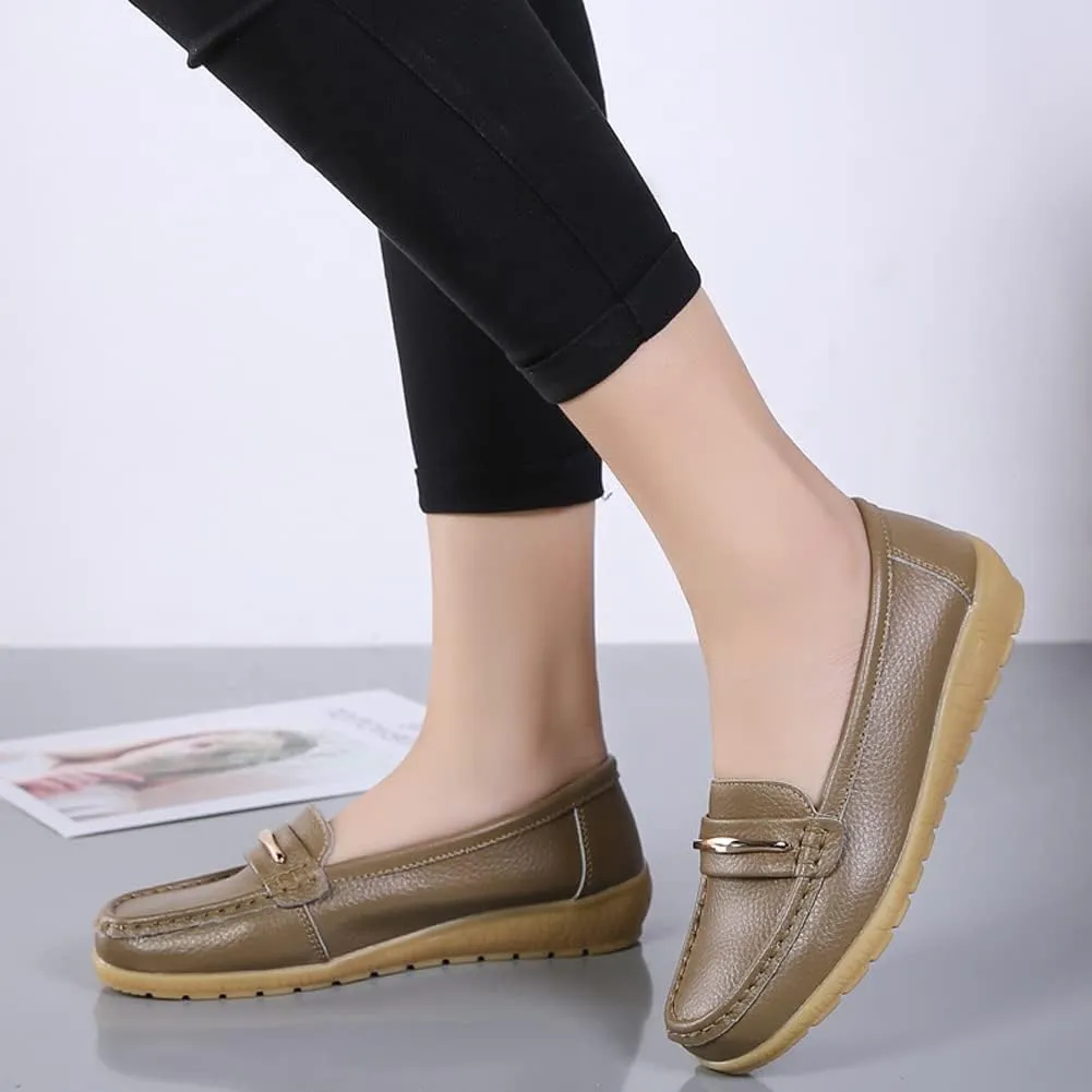 FolHaoth Loafers for Womens Comfortable Slip On Moccasins Dress Shoes Casual Leather Walking Womens Flats Loafers Fashion Boat Shoes Classic Ennis Work Nurse Flat Shoes