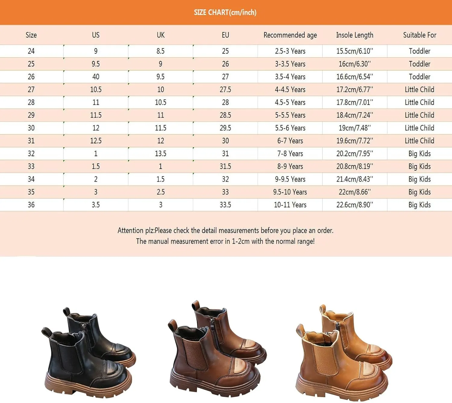 Girl Boots Kids Ankle Boots Chunky Low Heel Booties Western Walking Shoes Combat Ankle Work Boots with Zipper