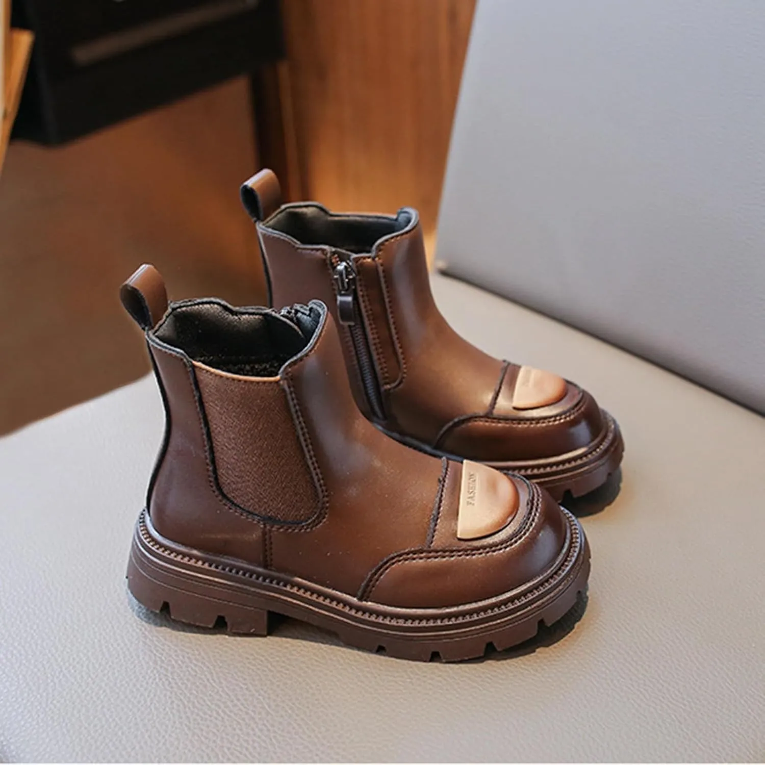 Girl Boots Kids Ankle Boots Chunky Low Heel Booties Western Walking Shoes Combat Ankle Work Boots with Zipper