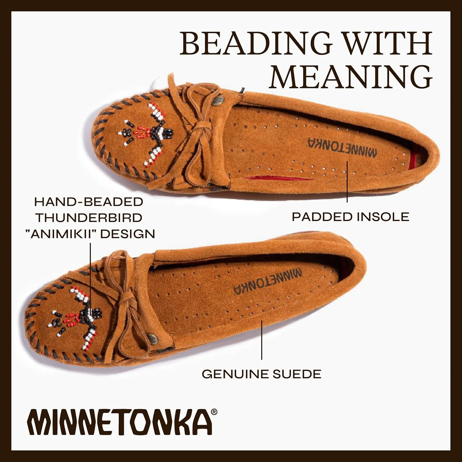 Minnetonka Womens Thunderbird Animikii Hardsole  Moccasins for Women with a Classic Leather Moccasin Silhouette, Cushioned Footbed, and Beaded Moccasin Design