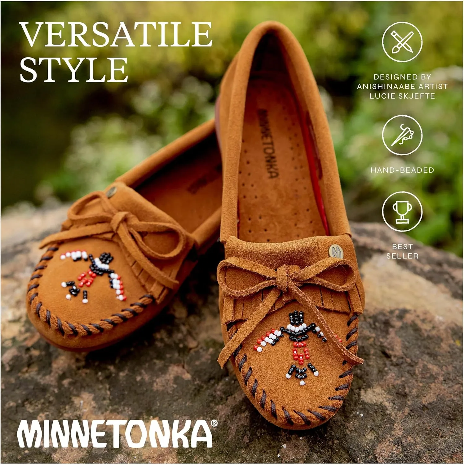 Minnetonka Womens Thunderbird Animikii Hardsole  Moccasins for Women with a Classic Leather Moccasin Silhouette, Cushioned Footbed, and Beaded Moccasin Design