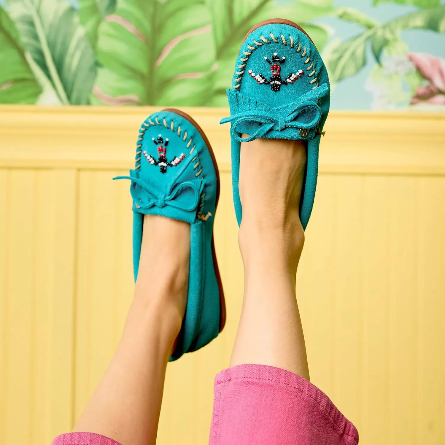 Minnetonka Womens Thunderbird Animikii Hardsole  Moccasins for Women with a Classic Leather Moccasin Silhouette, Cushioned Footbed, and Beaded Moccasin Design