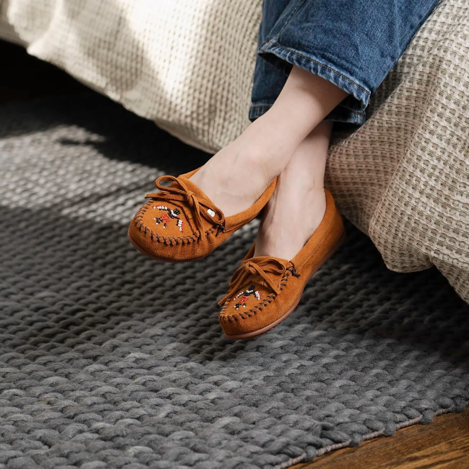 Minnetonka Womens Thunderbird Animikii Hardsole  Moccasins for Women with a Classic Leather Moccasin Silhouette, Cushioned Footbed, and Beaded Moccasin Design