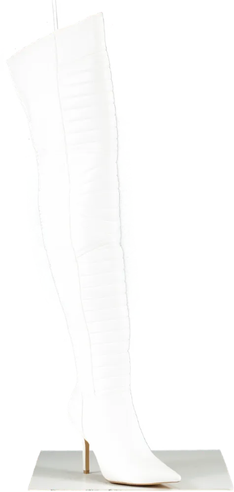 Nasty Gal White Faux Leather Padded Motocross Thigh High Boots UK 7 EU 40 