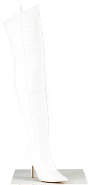 Nasty Gal White Faux Leather Padded Motocross Thigh High Boots UK 7 EU 40 