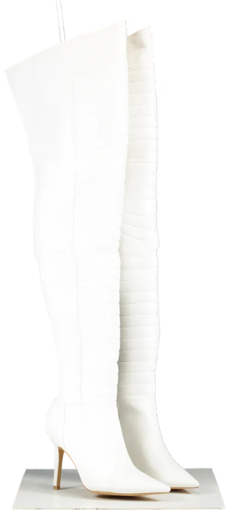 Nasty Gal White Faux Leather Padded Motocross Thigh High Boots UK 7 EU 40 