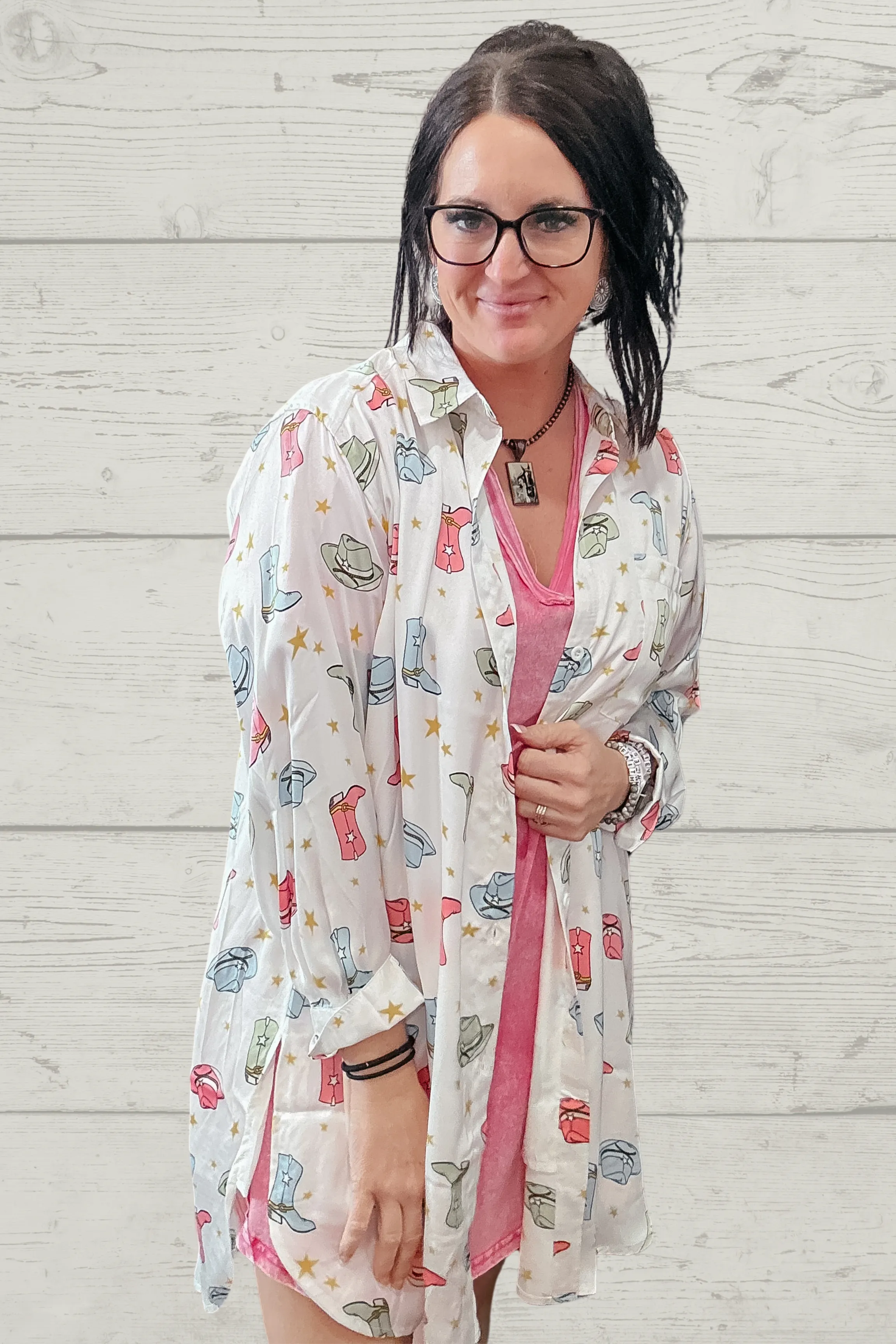 Satin Cowboy Hat Boots Shirt Dress