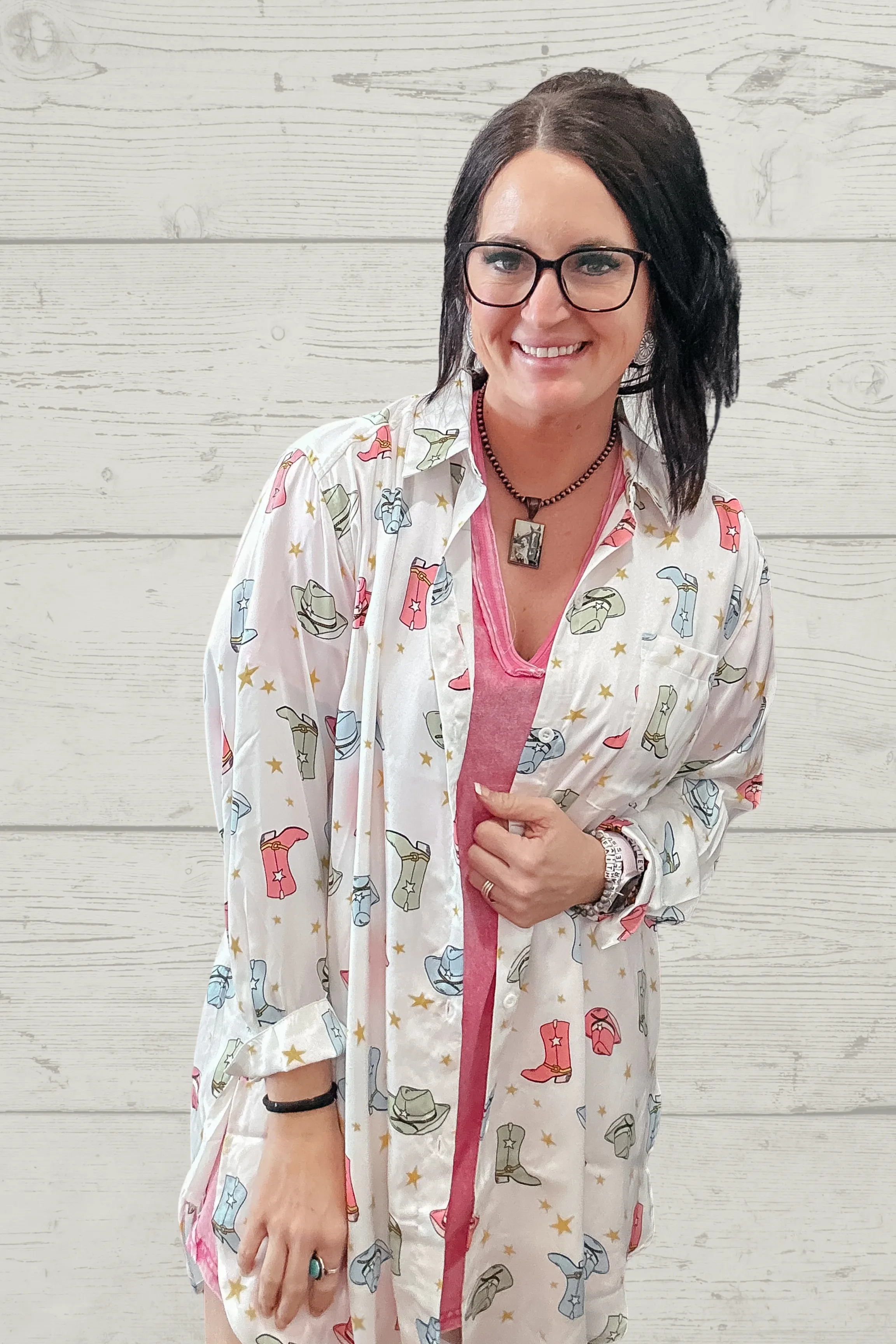 Satin Cowboy Hat Boots Shirt Dress
