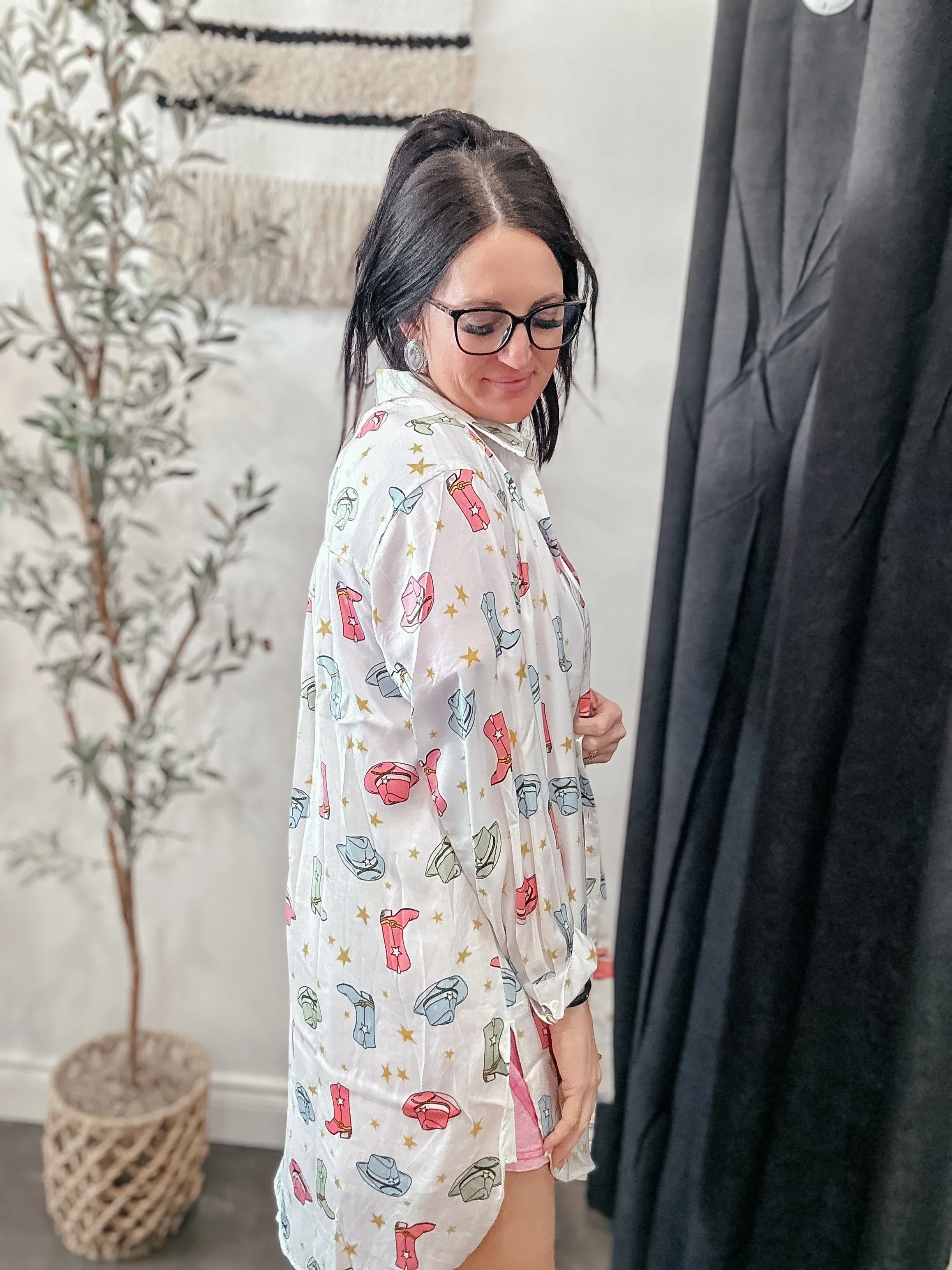 Satin Cowboy Hat Boots Shirt Dress