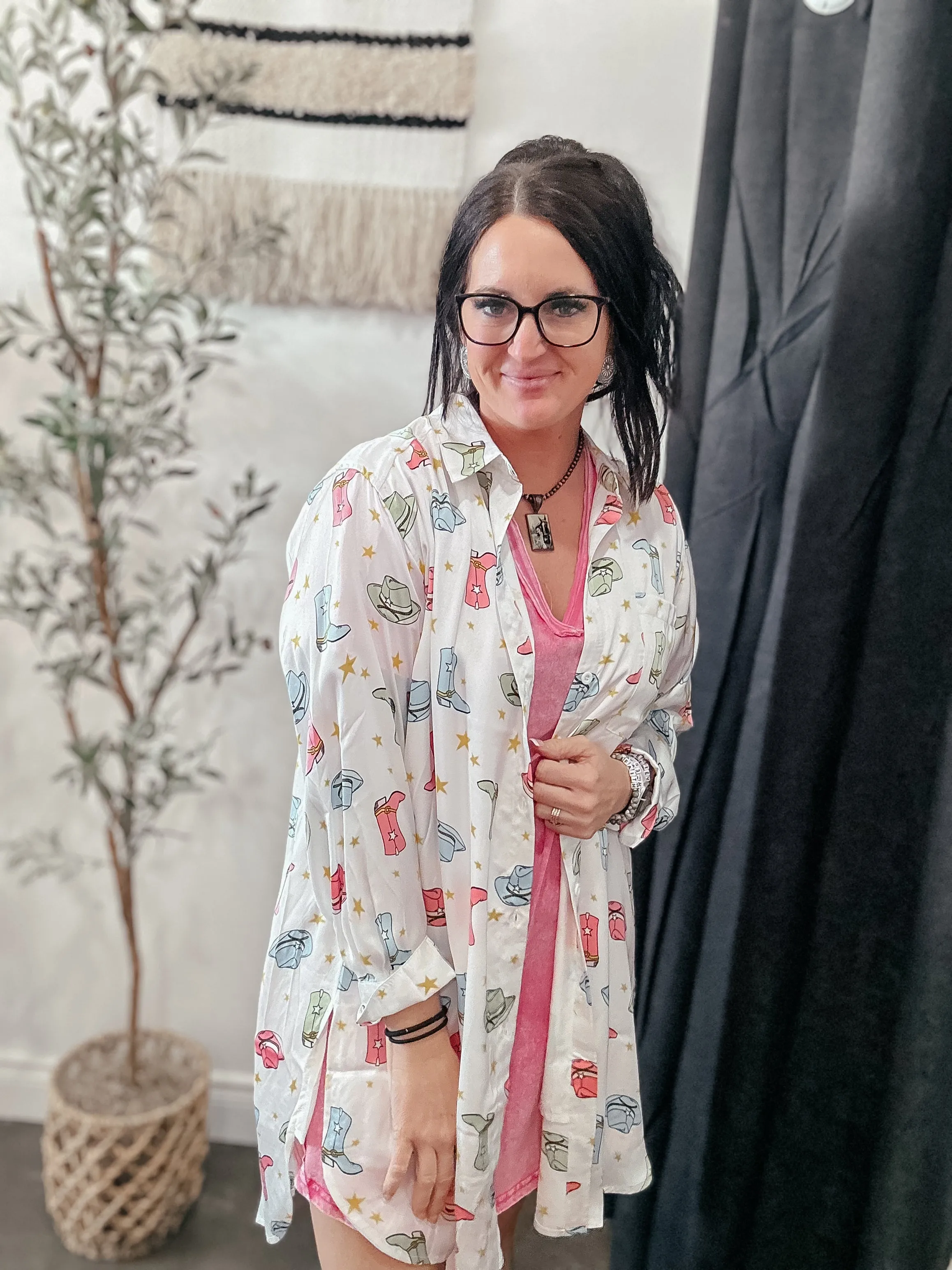 Satin Cowboy Hat Boots Shirt Dress