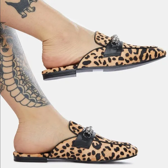 Steve Madden Kalista-L Chain Embellished Print Calf Hair Flat Mules Leopard