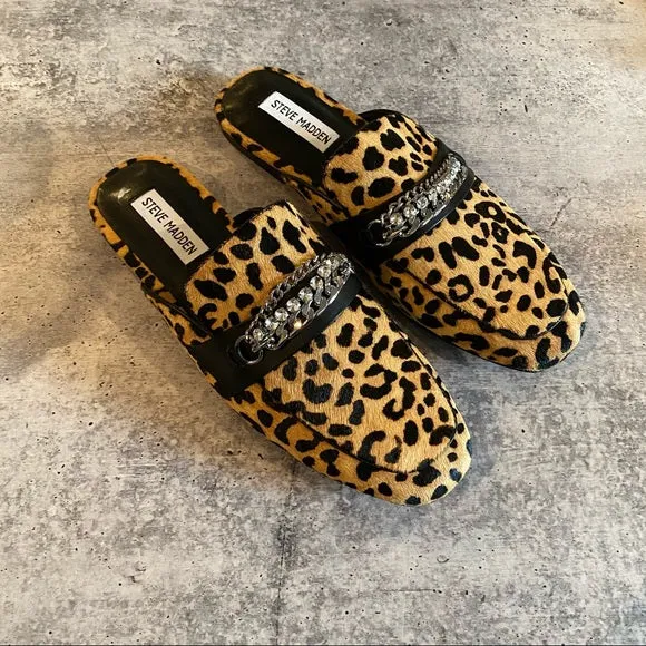 Steve Madden Kalista-L Chain Embellished Print Calf Hair Flat Mules Leopard