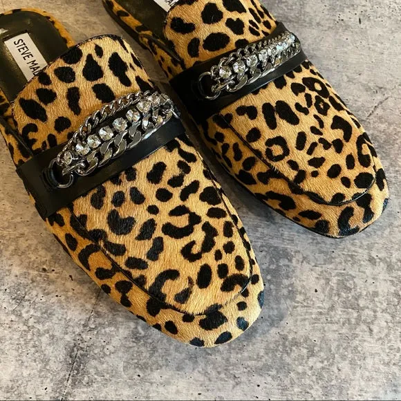 Steve Madden Kalista-L Chain Embellished Print Calf Hair Flat Mules Leopard