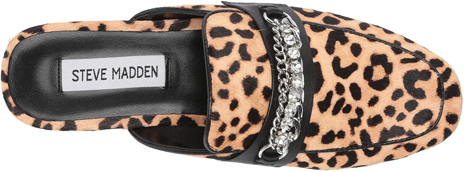 Steve Madden Kalista-L Chain Embellished Print Calf Hair Flat Mules Leopard