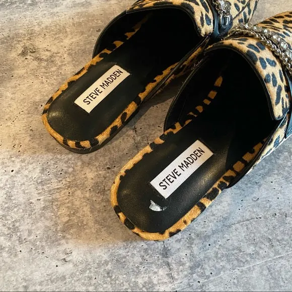 Steve Madden Kalista-L Chain Embellished Print Calf Hair Flat Mules Leopard