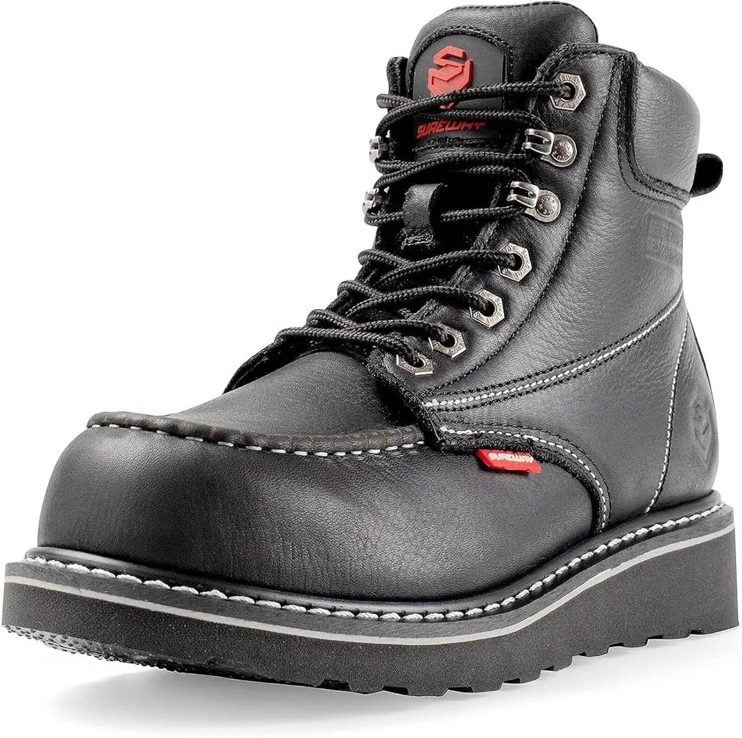 SUREWAY Mens Heavy Duty Soft/Composite/Steel Toe Work Boots for Men-Comfortable,Goodyear Welt,Full Grain Leather,6 in Wedge Moc Toe Construction Boots/Shoes,Soft Toe Black,Size 13