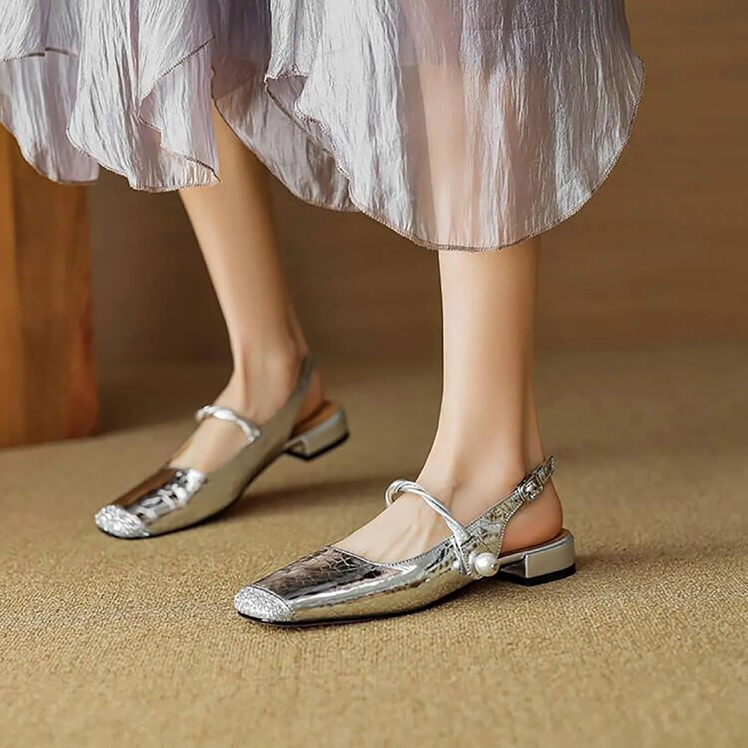 Women's Sequins Closed Square Toe Slingback Mary Jane Shoes,Fashion Adjustable Buckle Pearl Ballet Flats Comfortable Slip On Chunky Heel Party Dress Sandals