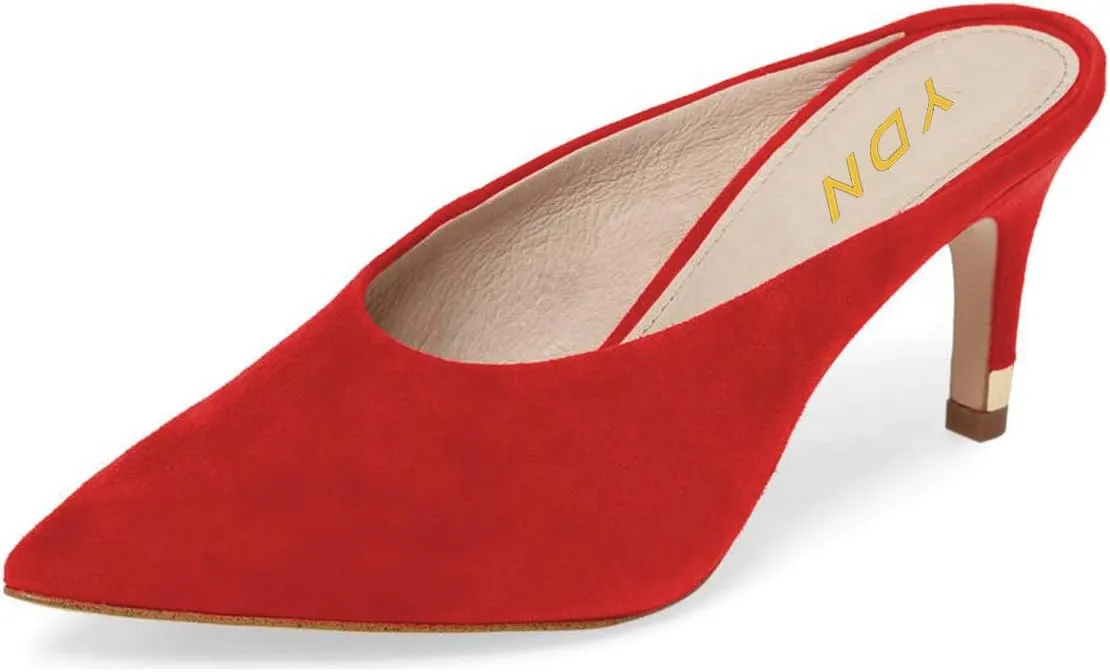 YDN Women Pointed Toe Thin Mid Heel Backless Mules Pumps Slip On Slide Dress Shoes